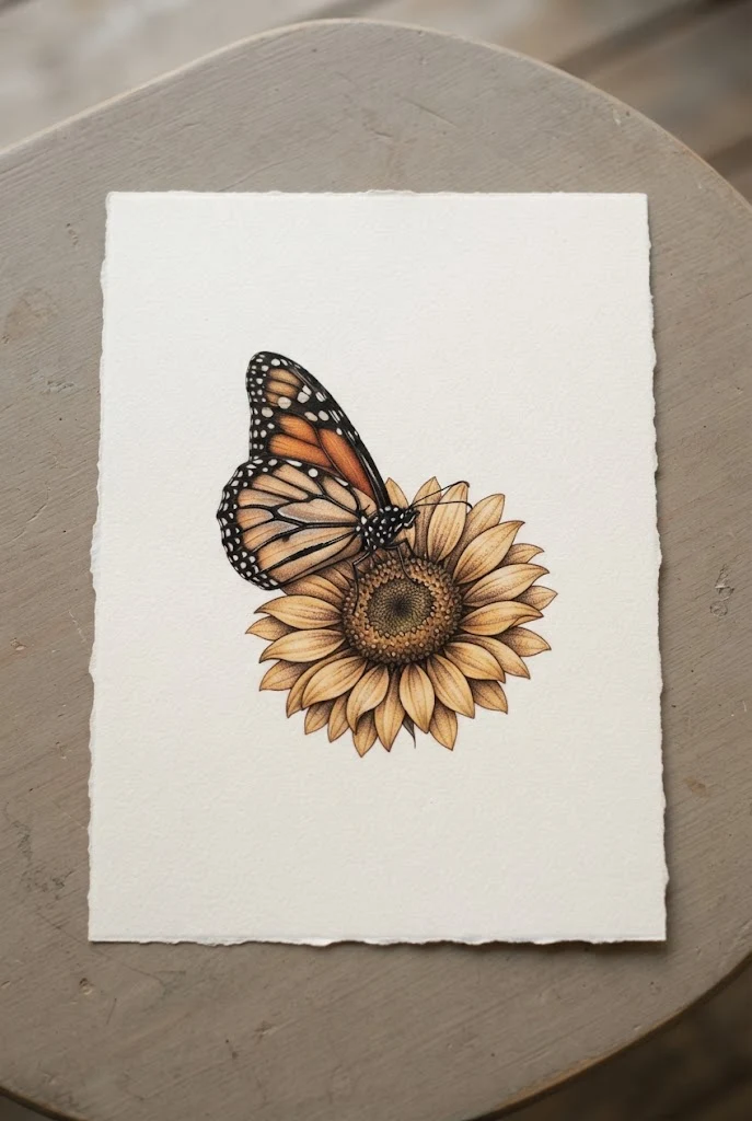 Realistic Monarch and Bloom — butterfly and sunflower tattoo style outfit