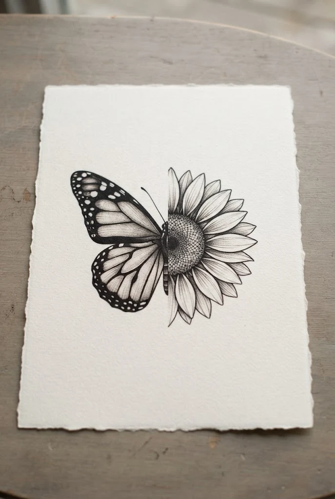 Half-And-Half Split Morph Design — butterfly and sunflower tattoo style outfit