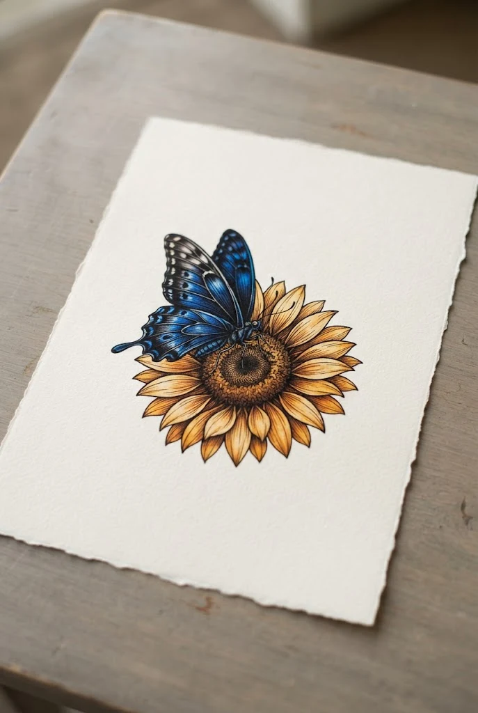 Blue and Yellow Contrast Concept — butterfly and sunflower tattoo style outfit