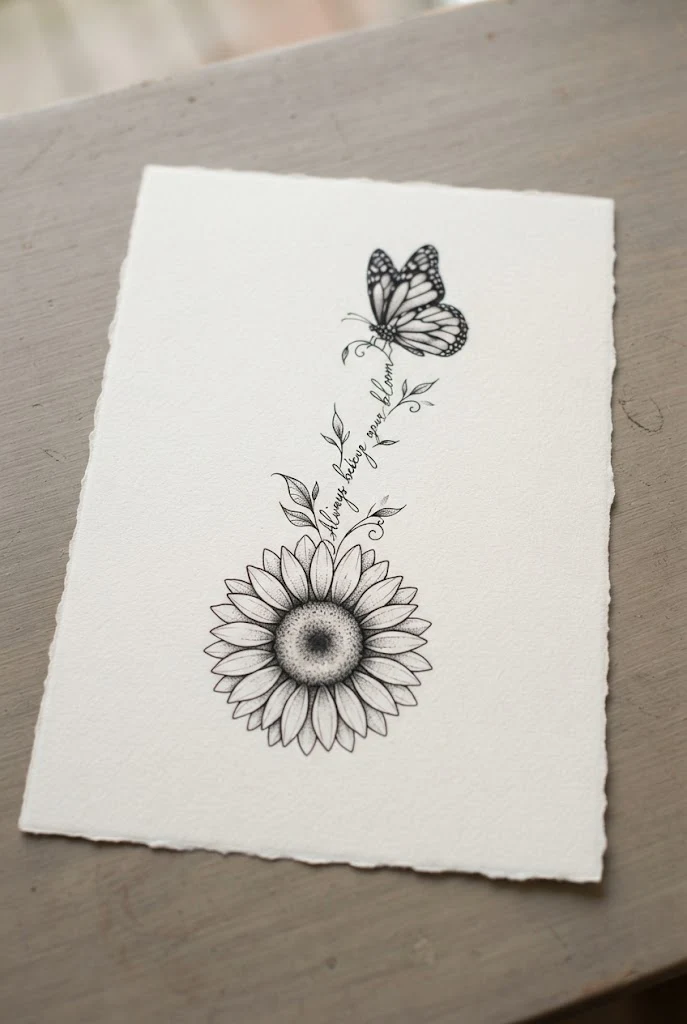 Hidden Quote Stem Integration — butterfly and sunflower tattoo style outfit