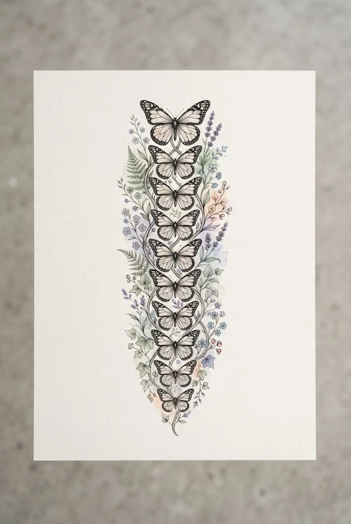 Botanical Butterfly Back Tattoo Spine Flower Design — butterfly back tattoo spine style outfit