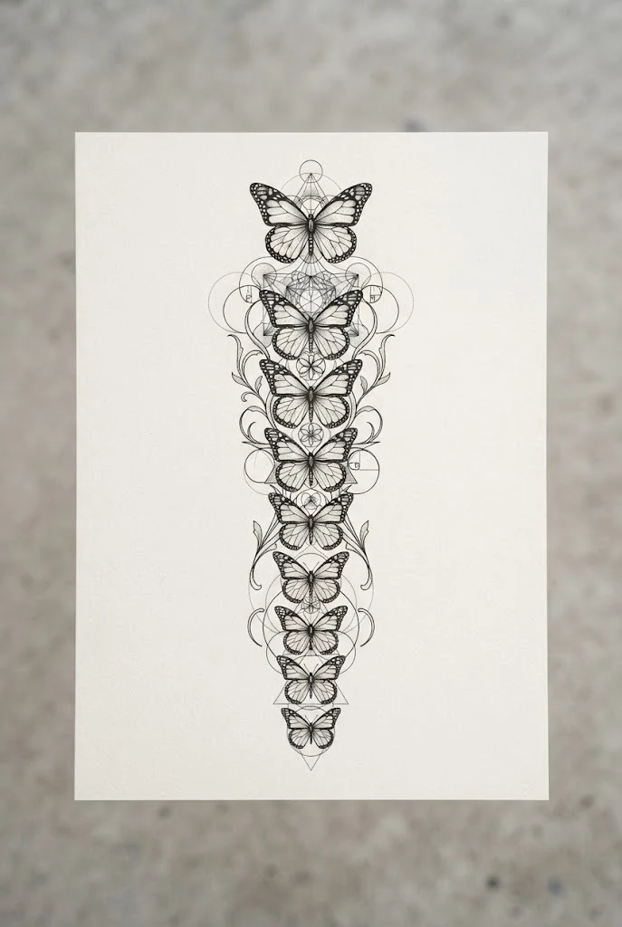 Geometric Sacred Geometry Integration — butterfly back tattoo spine style outfit