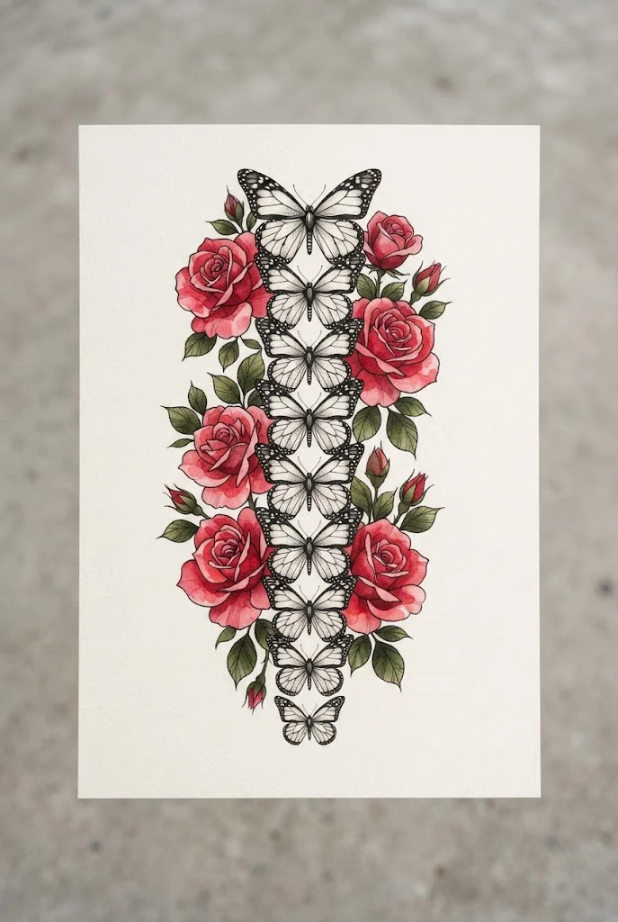 Vibrant Rose Butterfly Back Tattoo Spine Pairing — butterfly back tattoo spine style outfit