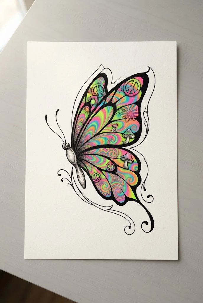 Psychedelic 1970s Retro Acid Brights — butterfly buttcheek tattoo style outfit