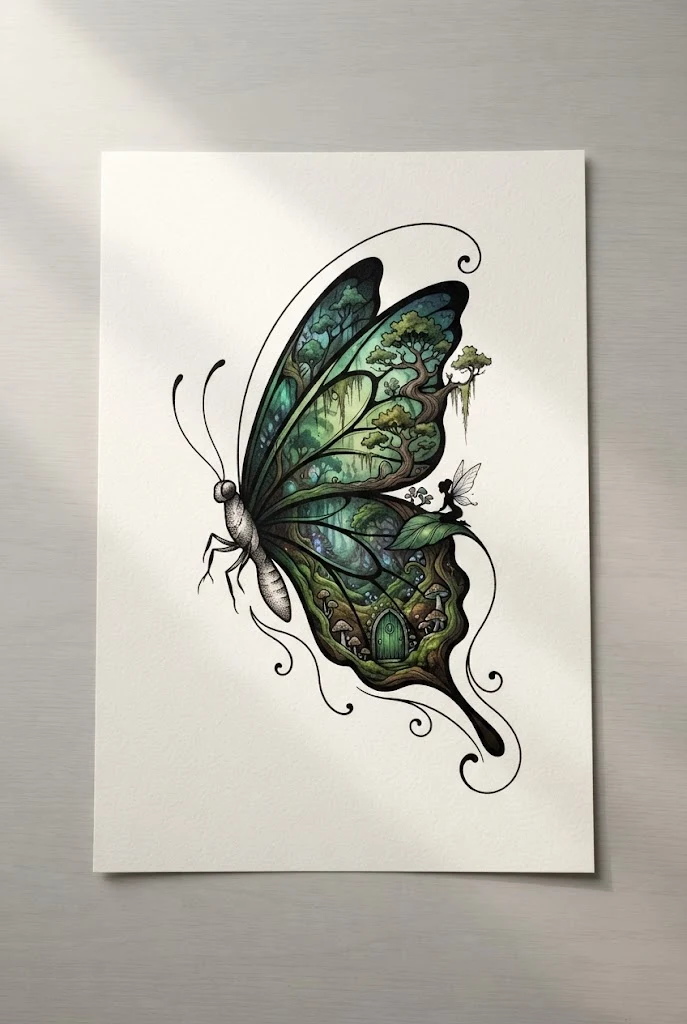 Enchanted Emerald Forest Fairy Tale — butterfly buttcheek tattoo style outfit