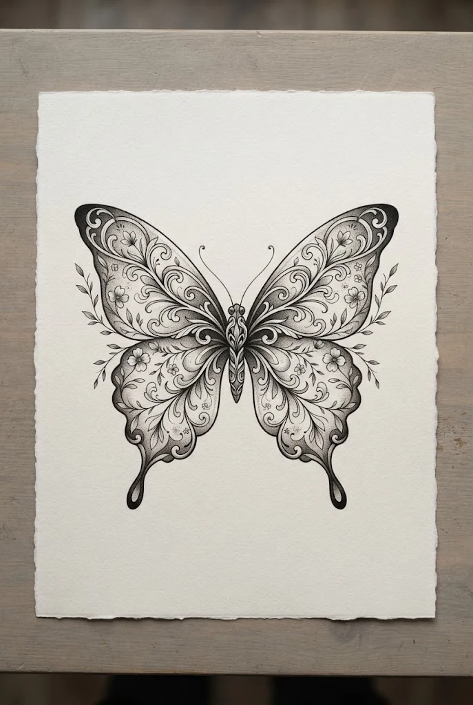 Black and Grey Shaded Masterpiece — butterfly chest tattoo female style outfit