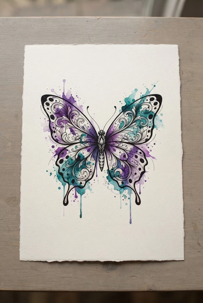 Watercolor Splash Violet and Teal Accent Butterfly — butterfly chest tattoo female style outfit
