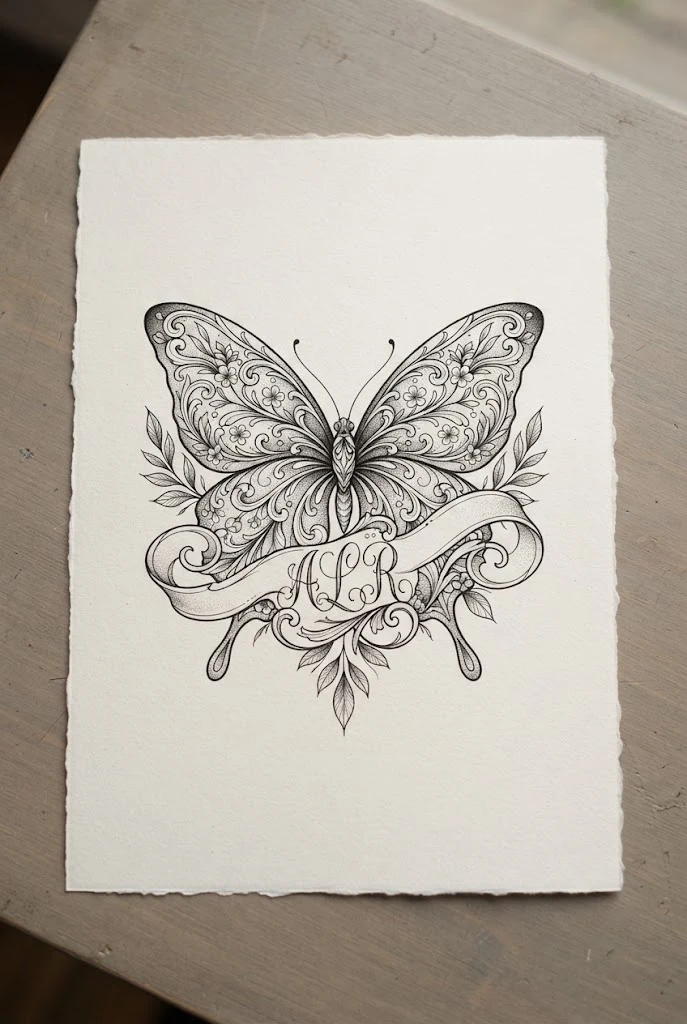 Cursive Banner Rib Monogram Butterfly — butterfly chest tattoo female style outfit