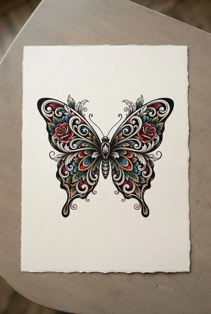 Neo-Traditional Bold Butterfly Tattoo — butterfly chest tattoo female style outfit