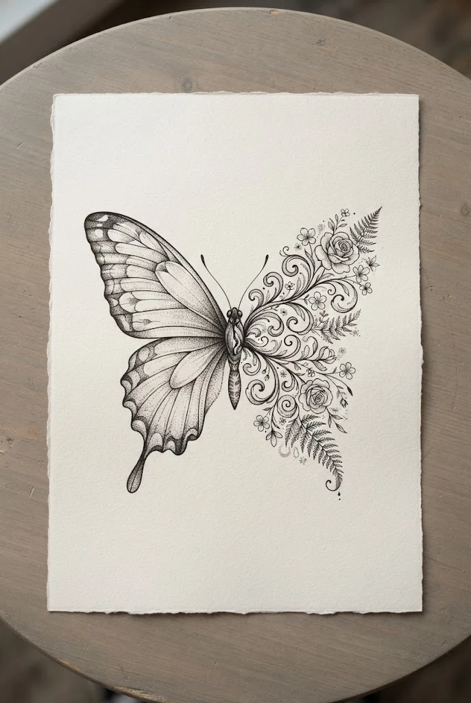 Half-And-Half Split Floral Morph Butterfly — butterfly chest tattoo female style outfit
