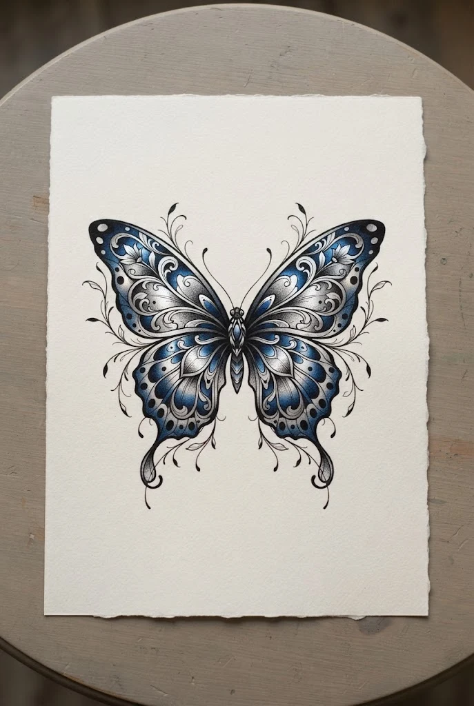 Sapphire Blue and Silver Metallic Butterfly — butterfly chest tattoo female style outfit