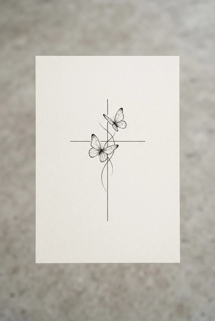 Minimalist Fine-Line Sanctuary — butterfly cross tattoo style outfit