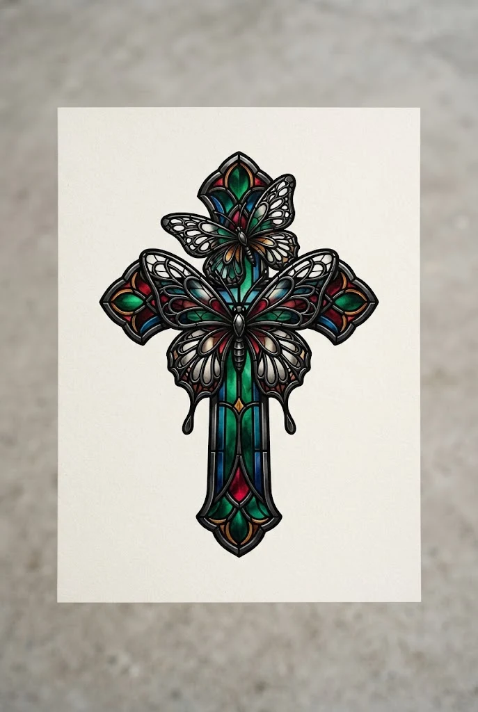 Neo-Traditional Stained Glass Fusion — butterfly cross tattoo style outfit