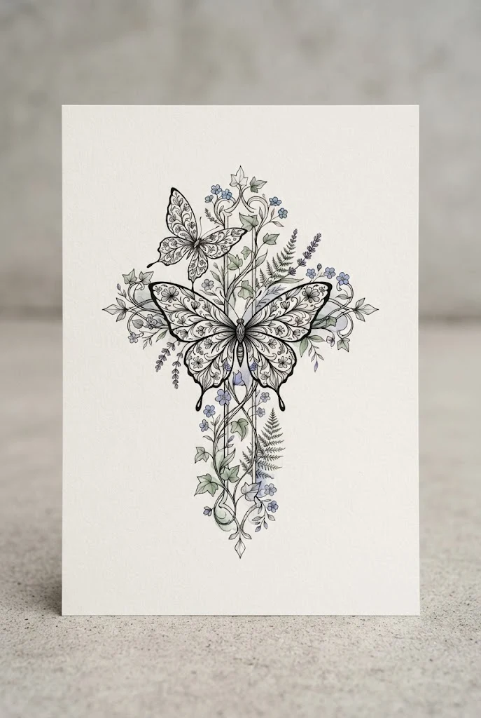 Botanical Butterfly Cross Flower Tattoo Design — butterfly cross tattoo style outfit