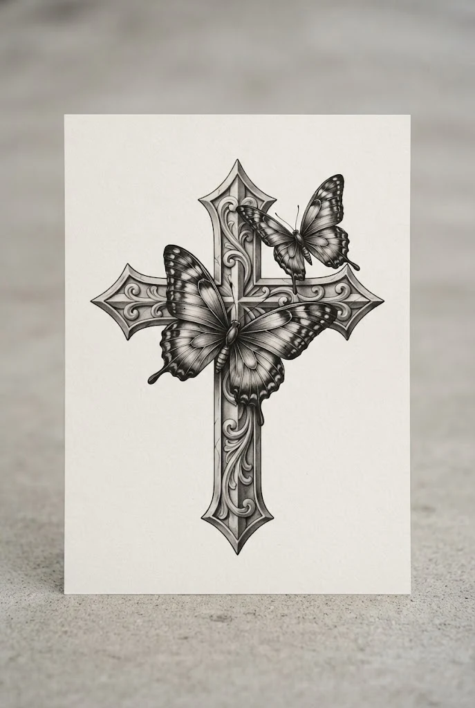 Monochromatic Black and Grey Realism — butterfly cross tattoo style outfit