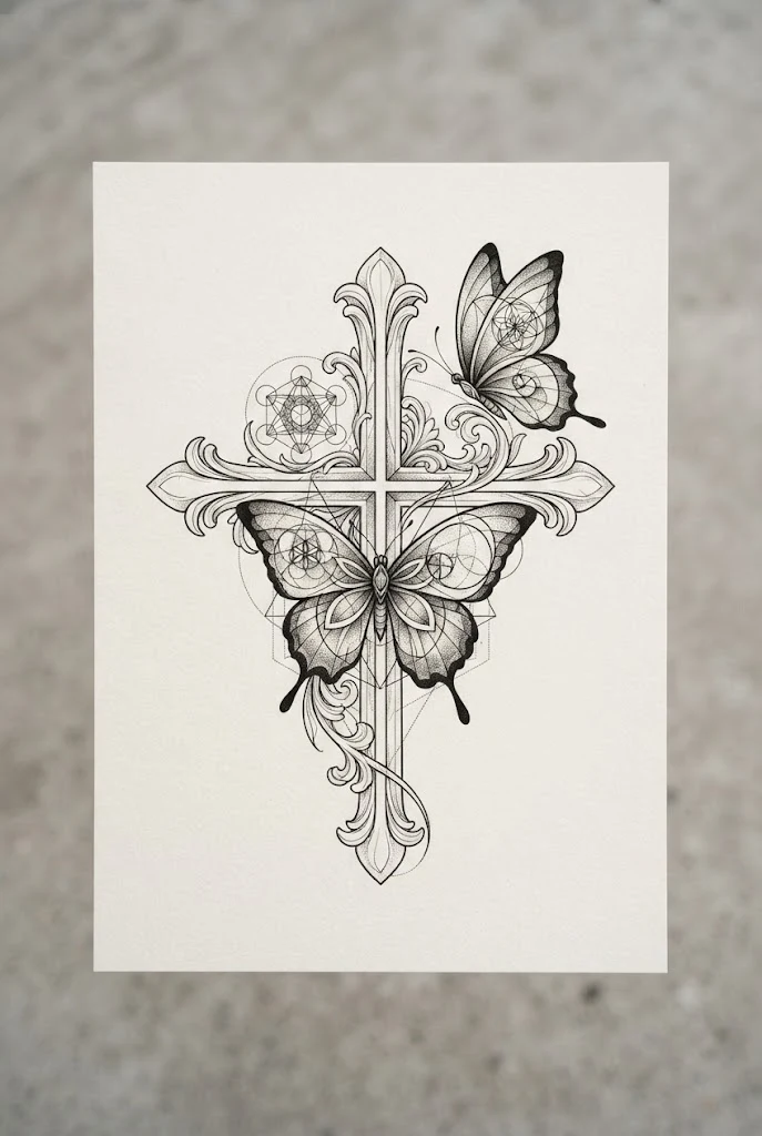 Geometric Sacred Geometry Integration — butterfly cross tattoo style outfit