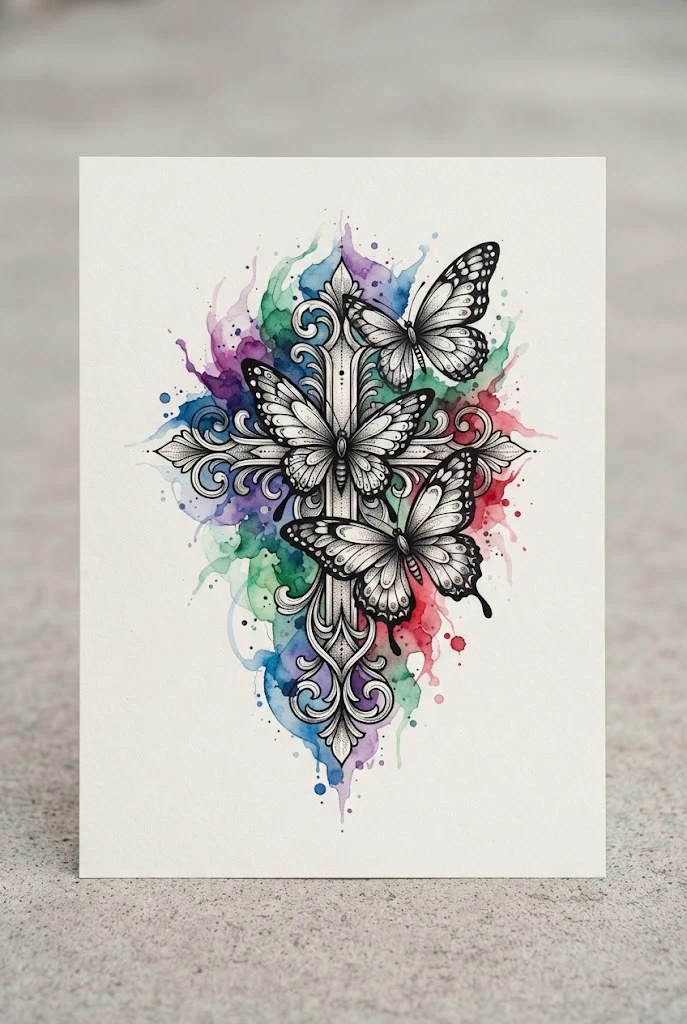 Watercolor Splash Spiritual Masterpiece — butterfly cross tattoo style outfit