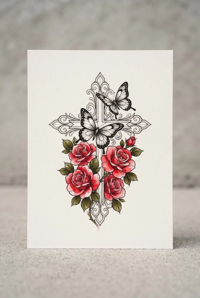 Vibrant Rose Butterfly Cross Tattoo Pairing — butterfly cross tattoo style outfit