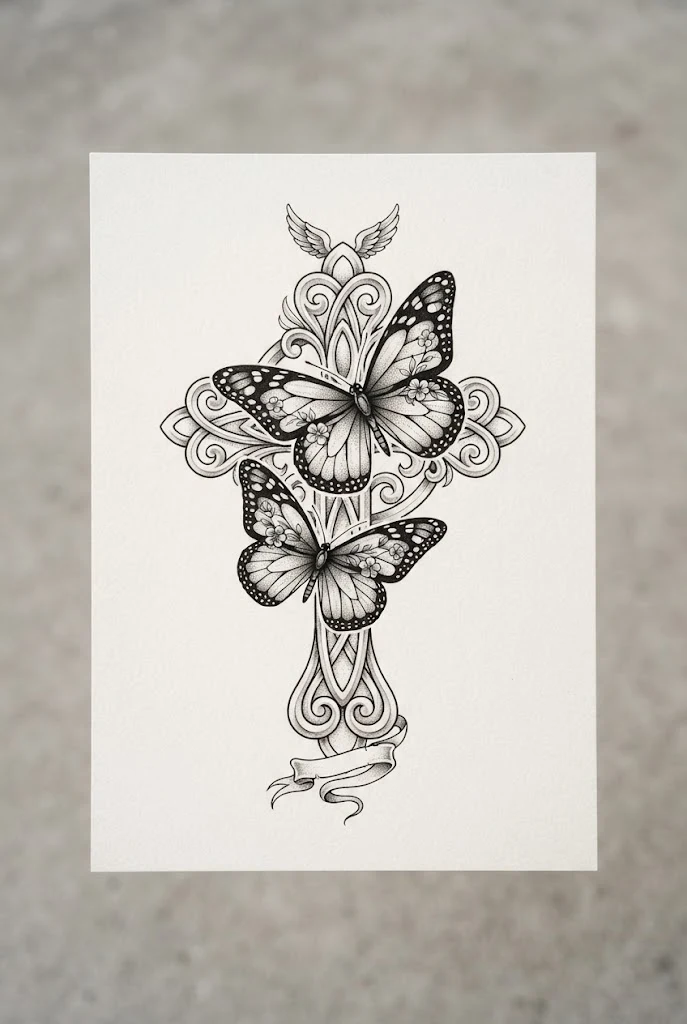 Memorial Butterfly Cross Tattoo Tribute — butterfly cross tattoo style outfit