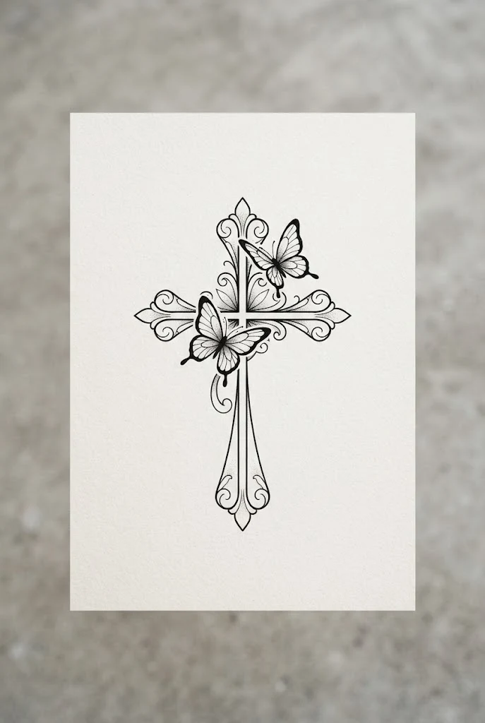 Bold Outlines for a Butterfly Cross Tattoo Female Design — butterfly cross tattoo style outfit