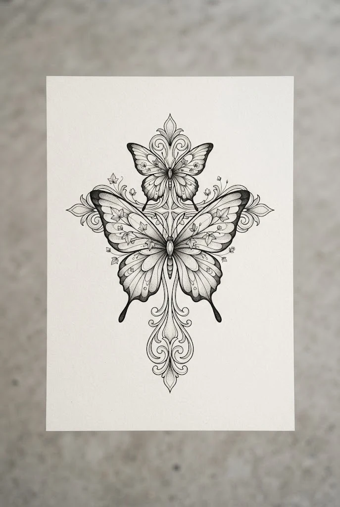 Elegant Butterfly Cross Neck Tattoo Accents — butterfly cross tattoo style outfit