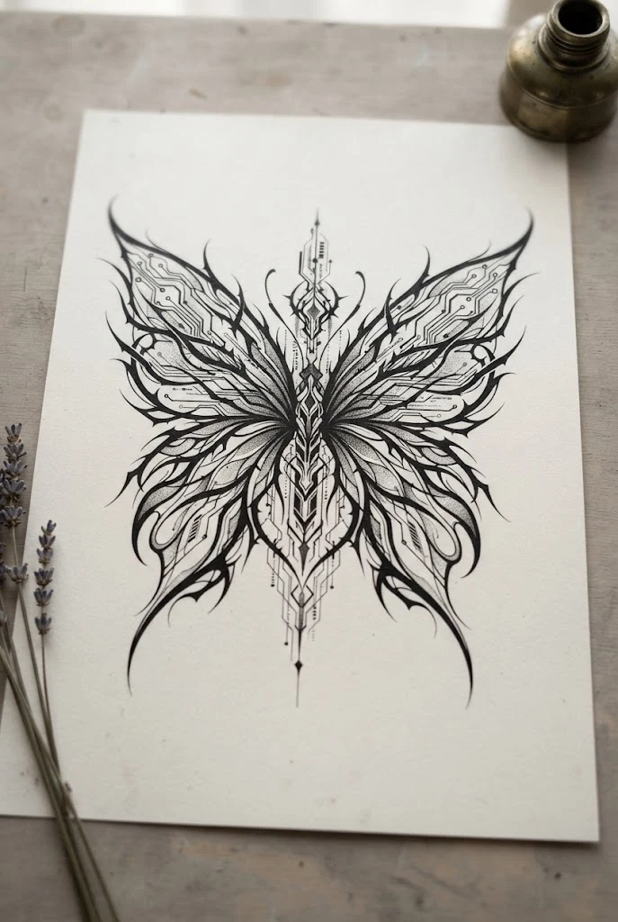 Cyber-Sigilism Butterfly Back Tattoo Masterpiece — butterfly cybersigilism tattoo style outfit