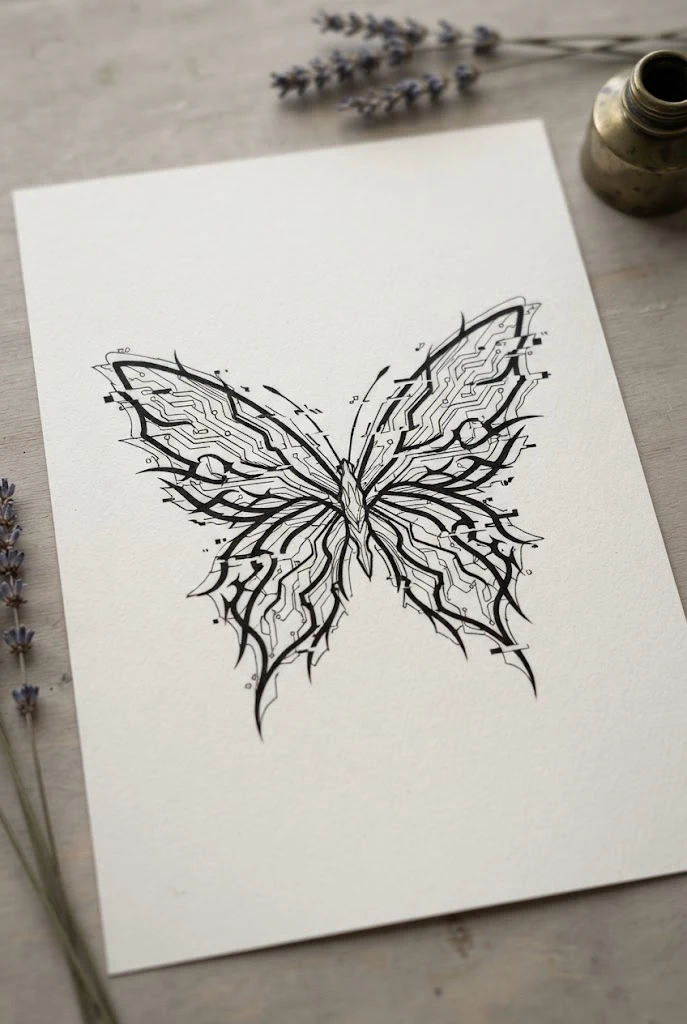 Glitch-Effect Cyber Butterfly Outline — butterfly cybersigilism tattoo style outfit