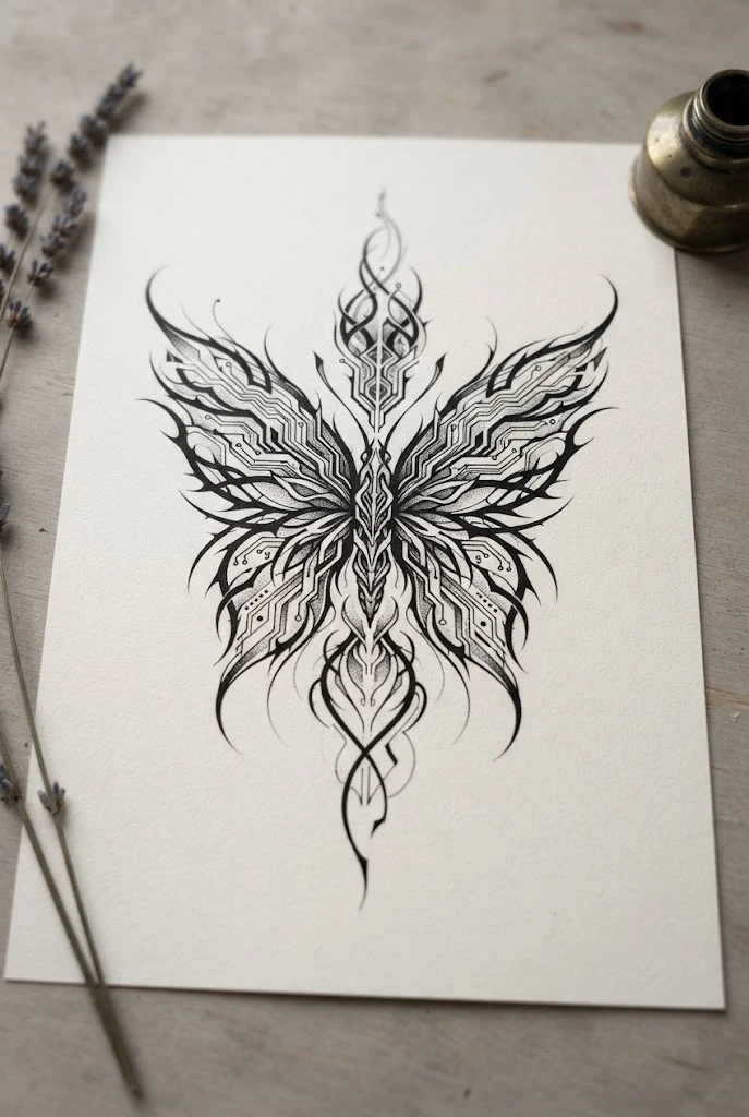 Spine-Aligned Cyber-Sigilism Flow — butterfly cybersigilism tattoo style outfit