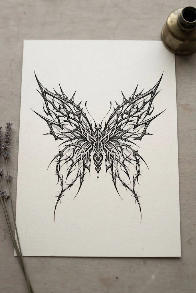 High-Contrast Collarbone Cyber Spikes — butterfly cybersigilism tattoo style outfit