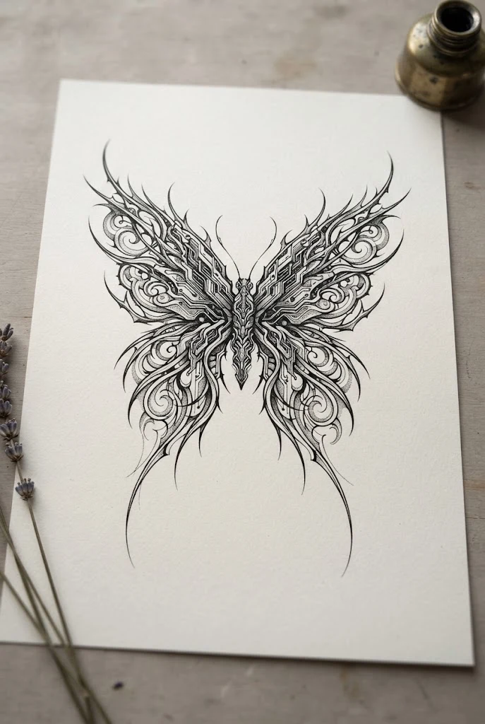 Thigh-Wrapped Cybernetic Tendrils — butterfly cybersigilism tattoo style outfit