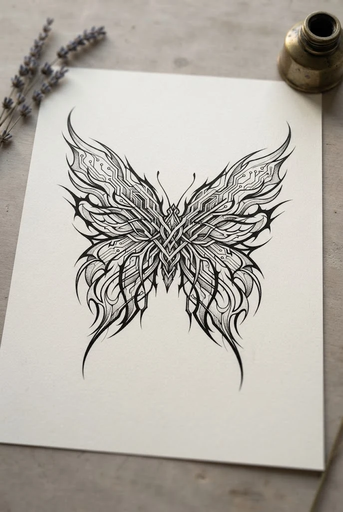 Abstract Cyber-Sigilism Butterfly Wings Tattoo — butterfly cybersigilism tattoo style outfit