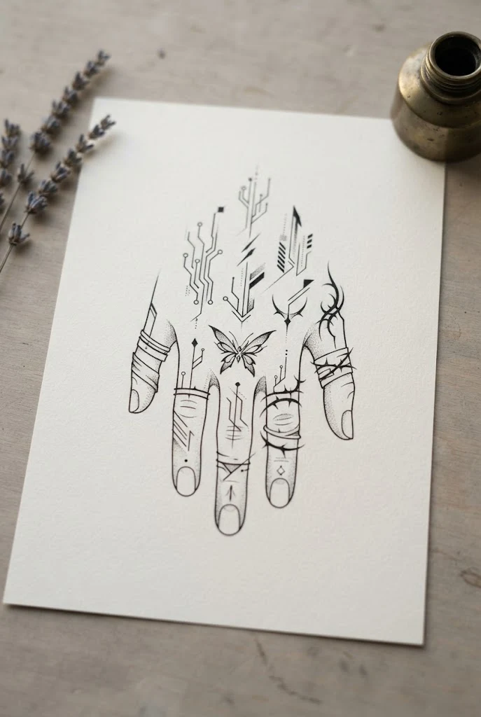 Minimalist Finger and Knuckle Cyber Marks — butterfly cybersigilism tattoo style outfit