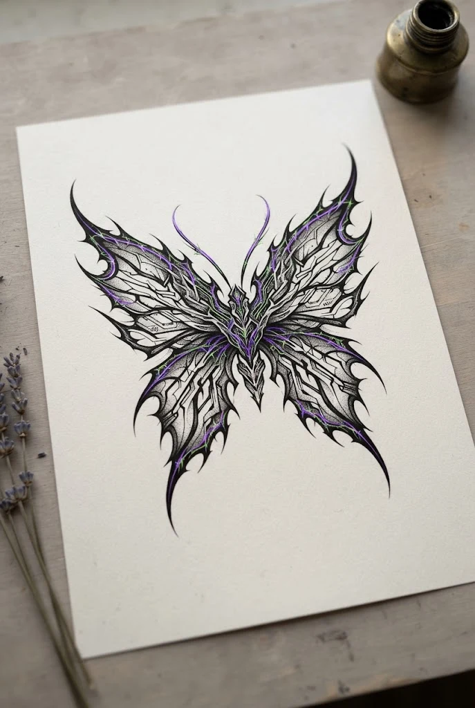 Neon-Accented Cyber-Gothic Fusion — butterfly cybersigilism tattoo style outfit