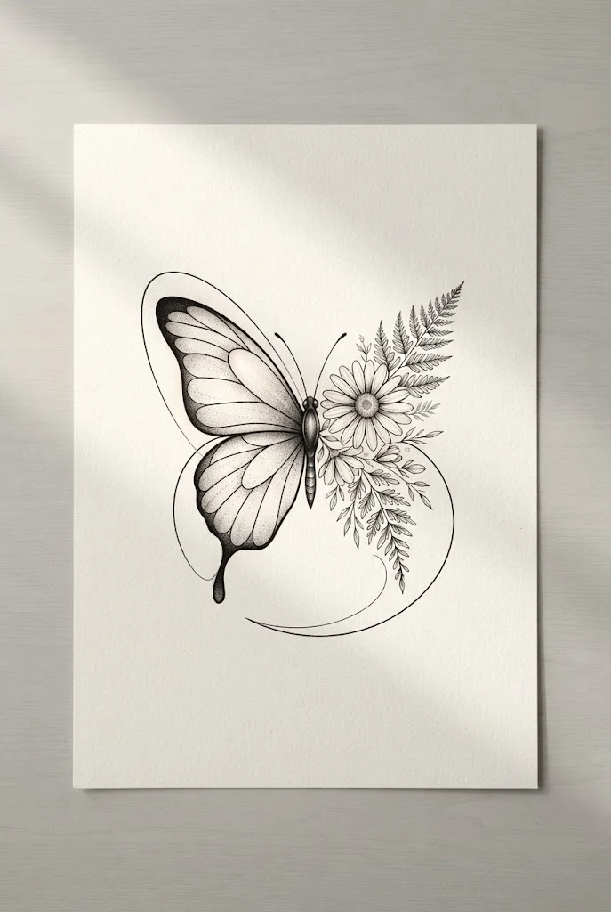 Minimalist Fine-Line Butterfly Floral Tattoo — butterfly floral tattoo style outfit
