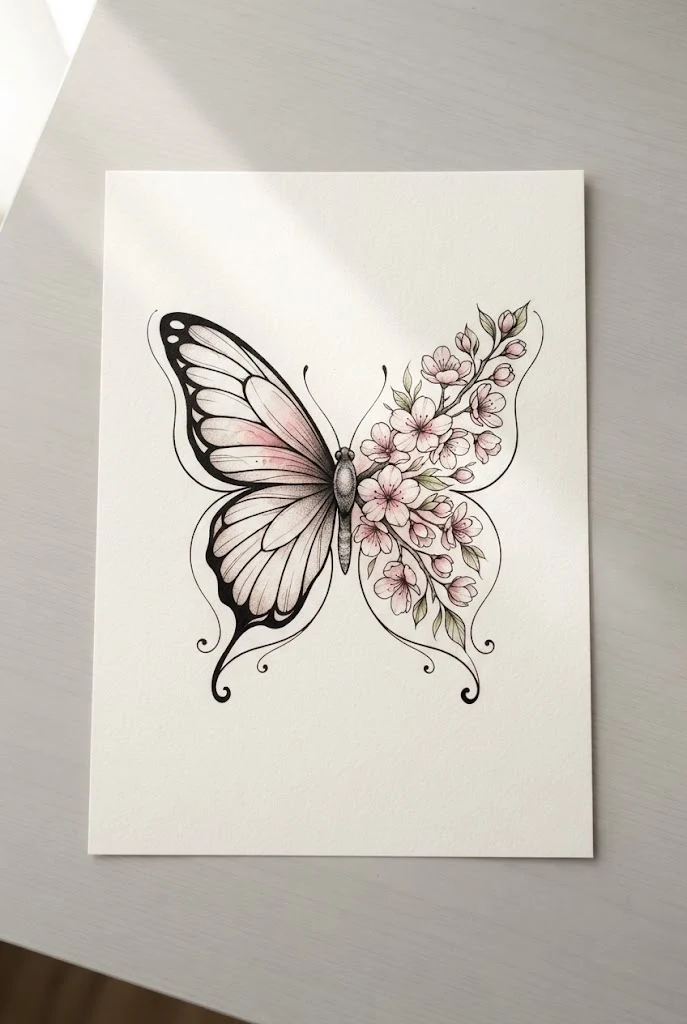 Cherry Blossom Spring Awakening Art — butterfly floral tattoo style outfit