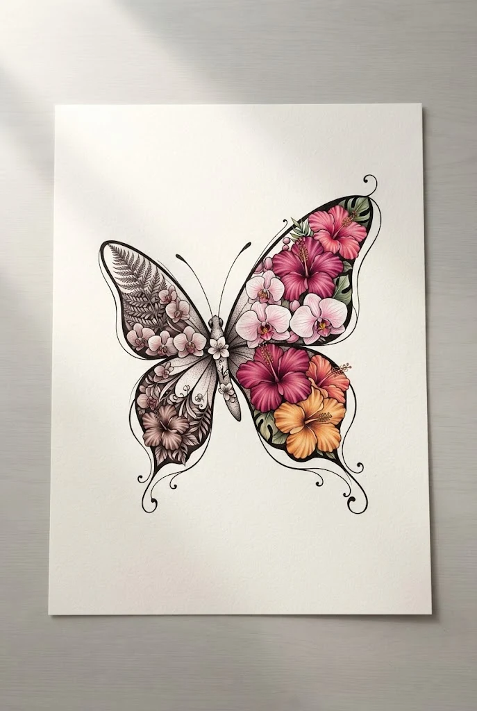 Tropical Hibiscus and Orchid Mix — butterfly floral tattoo style outfit