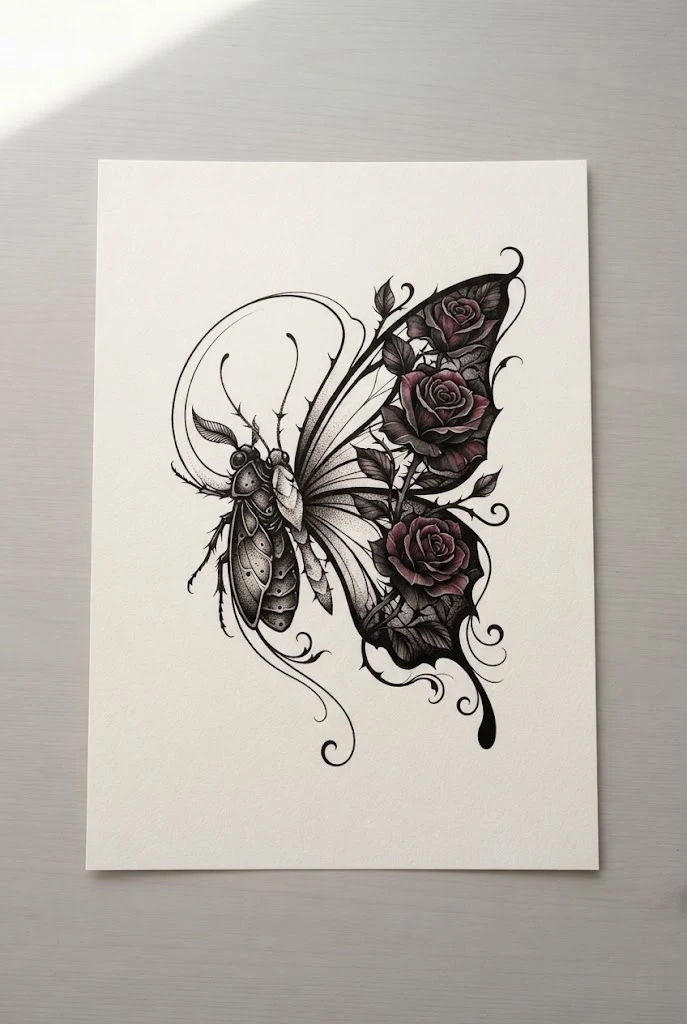 Gothic Rose and Dark Insect Fusion — butterfly floral tattoo style outfit