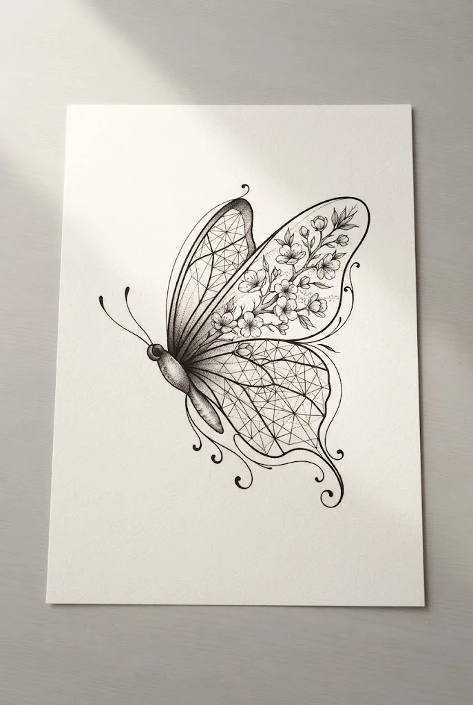 Geometric Botanical Wing Composition — butterfly floral tattoo style outfit