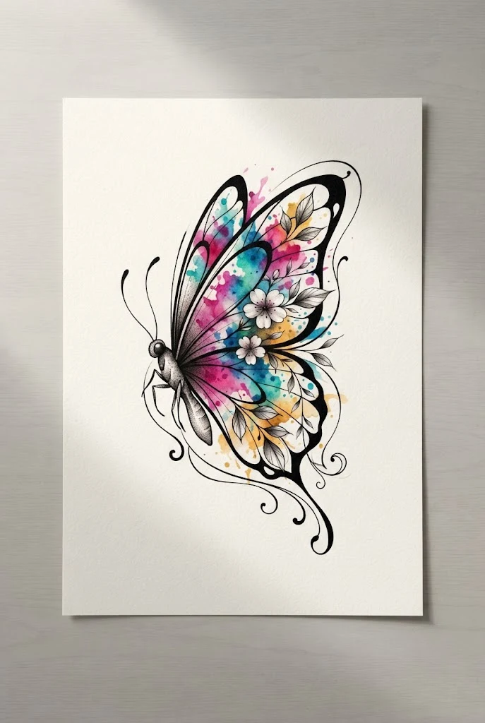 Vibrant Watercolor Splash Hybrid — butterfly floral tattoo style outfit