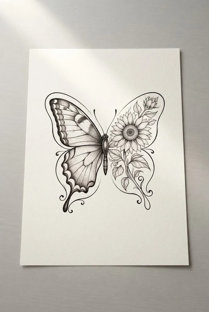 Sunflower and Swallowtail Harmony — butterfly floral tattoo style outfit