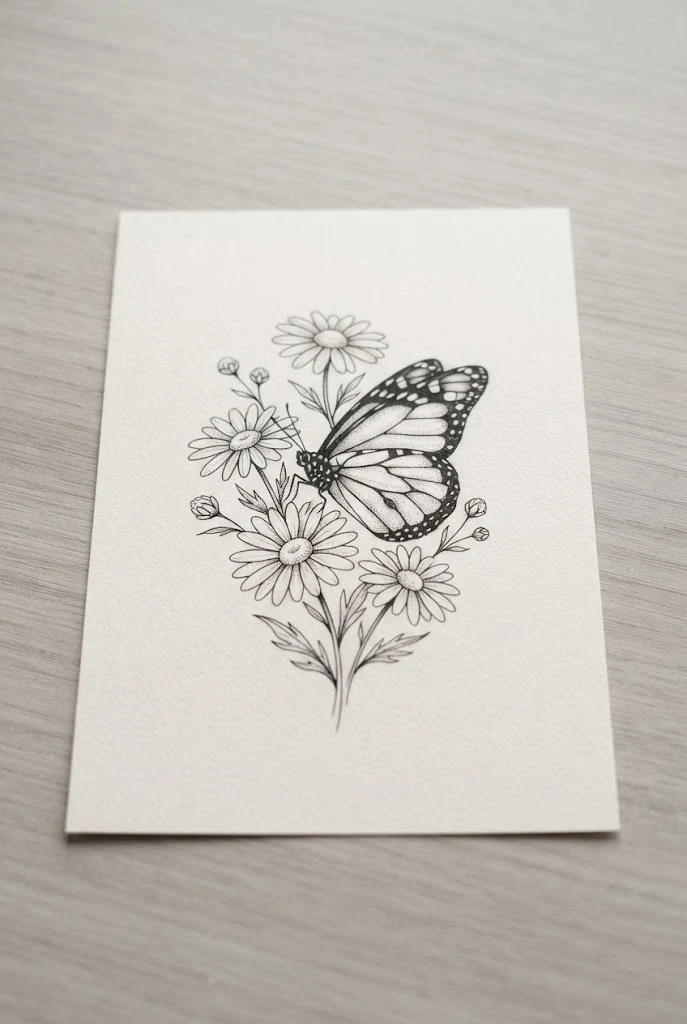 Minimalist Fine-Line Daisy and Monarch — butterfly flowers tattoo style outfit