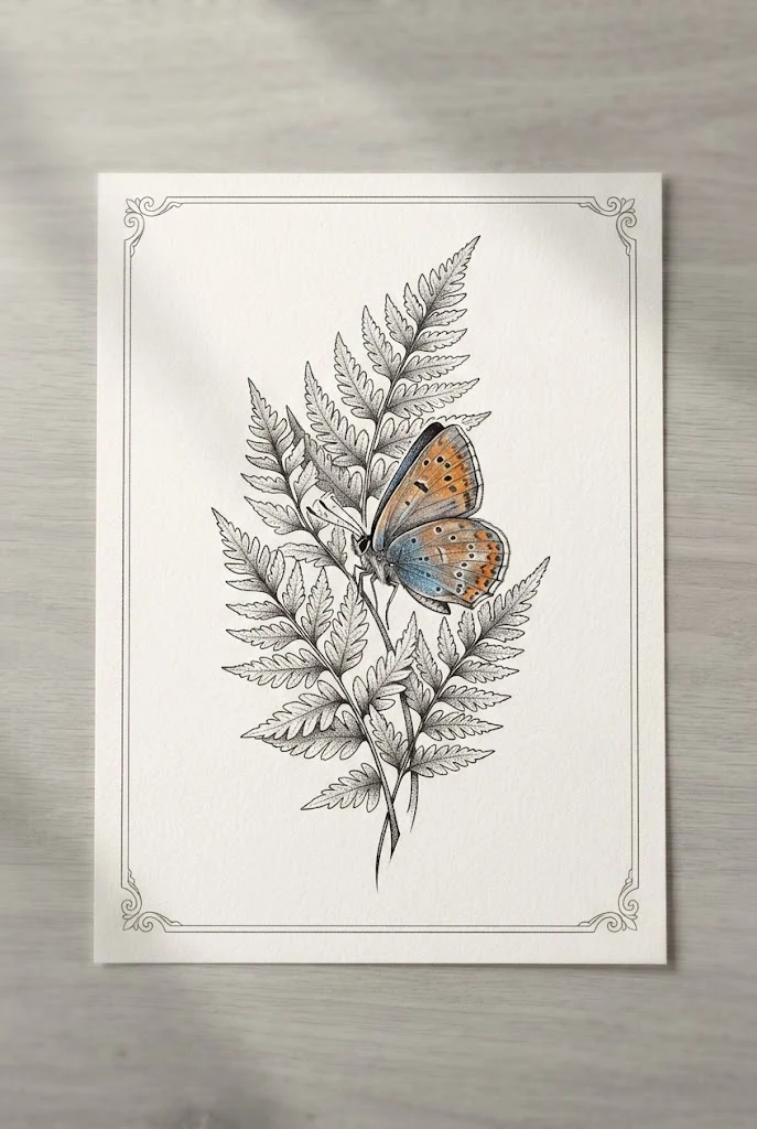 Botanical Fern and Blue Copper Butterfly — butterfly flowers tattoo style outfit