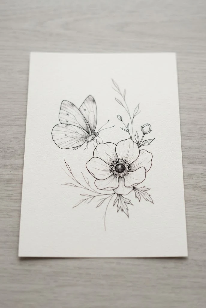 Minimalist Anemone and Cabbage White — butterfly flowers tattoo style outfit