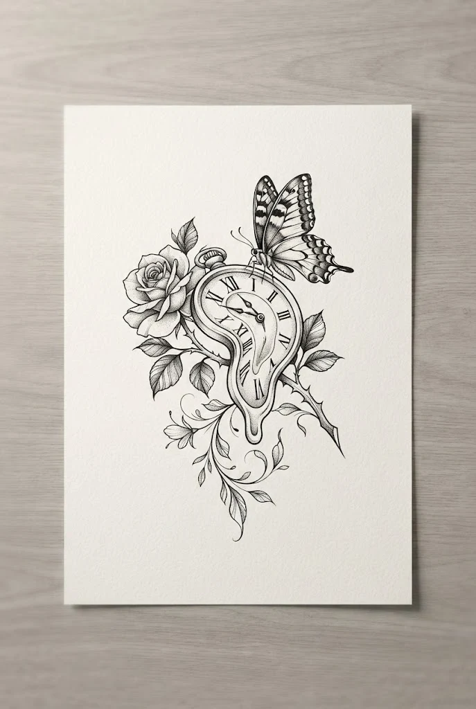 Surrealist Melting Clock, Rose, and Swallowtail — butterfly flowers tattoo style outfit