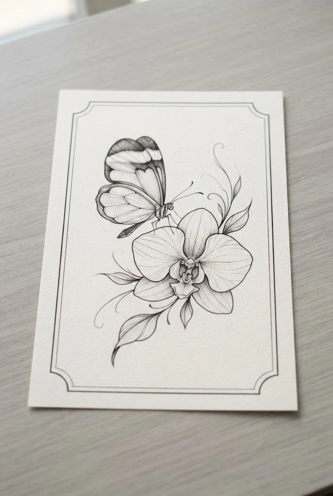Fine-Line Orchid and Glasswing Butterfly — butterfly flowers tattoo style outfit