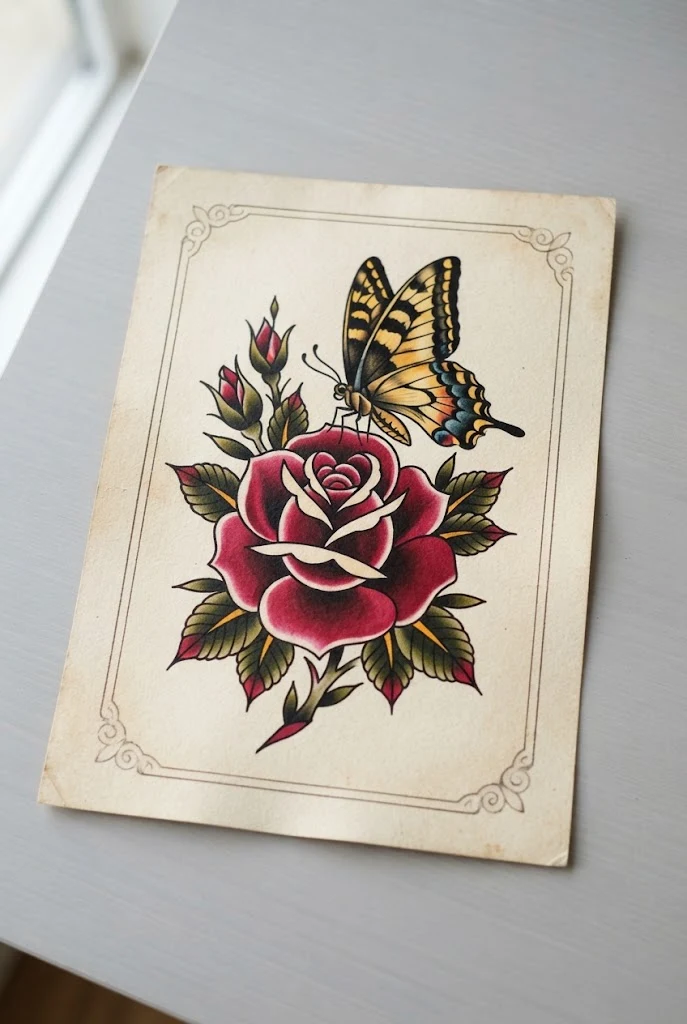 Vibrant Traditional Rose and Swallowtail — butterfly flowers tattoo style outfit
