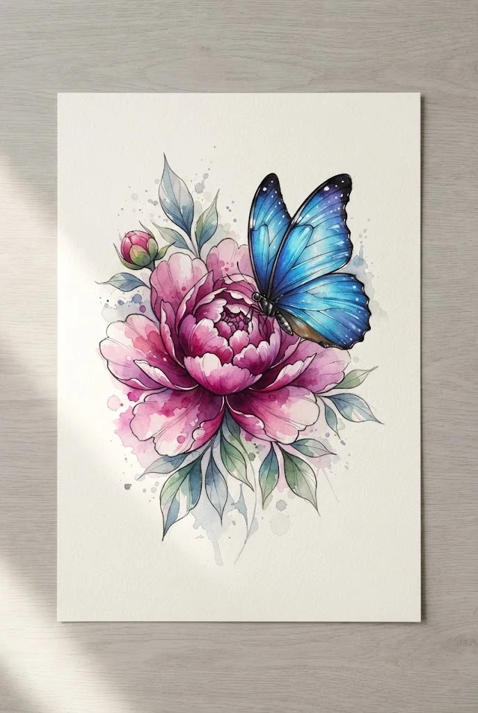 Watercolor Peony and Blue Morpho — butterfly flowers tattoo style outfit