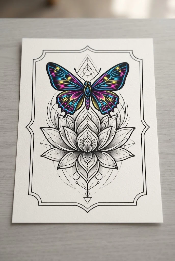 Geometric Lotus and Neon Skipper — butterfly flowers tattoo style outfit