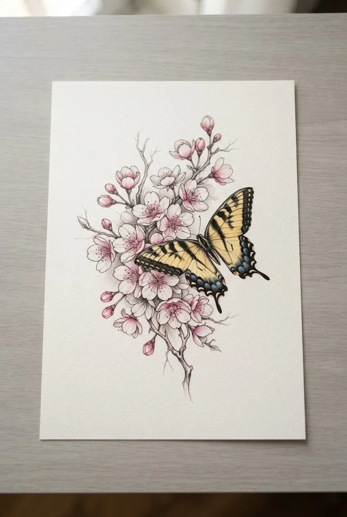 Micro-Realism Cherry Blossom and Tiger Swallowtail — butterfly flowers tattoo style outfit