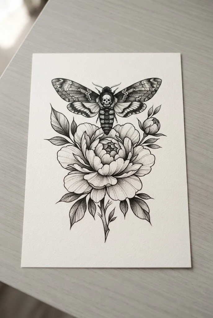 Blackwork Peony and Death's-Head Hawk Moth — butterfly flowers tattoo style outfit